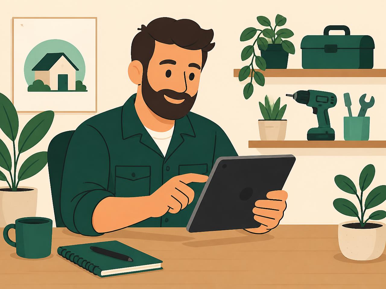 Illustration of a tradesperson reviewing job bookings on a tablet